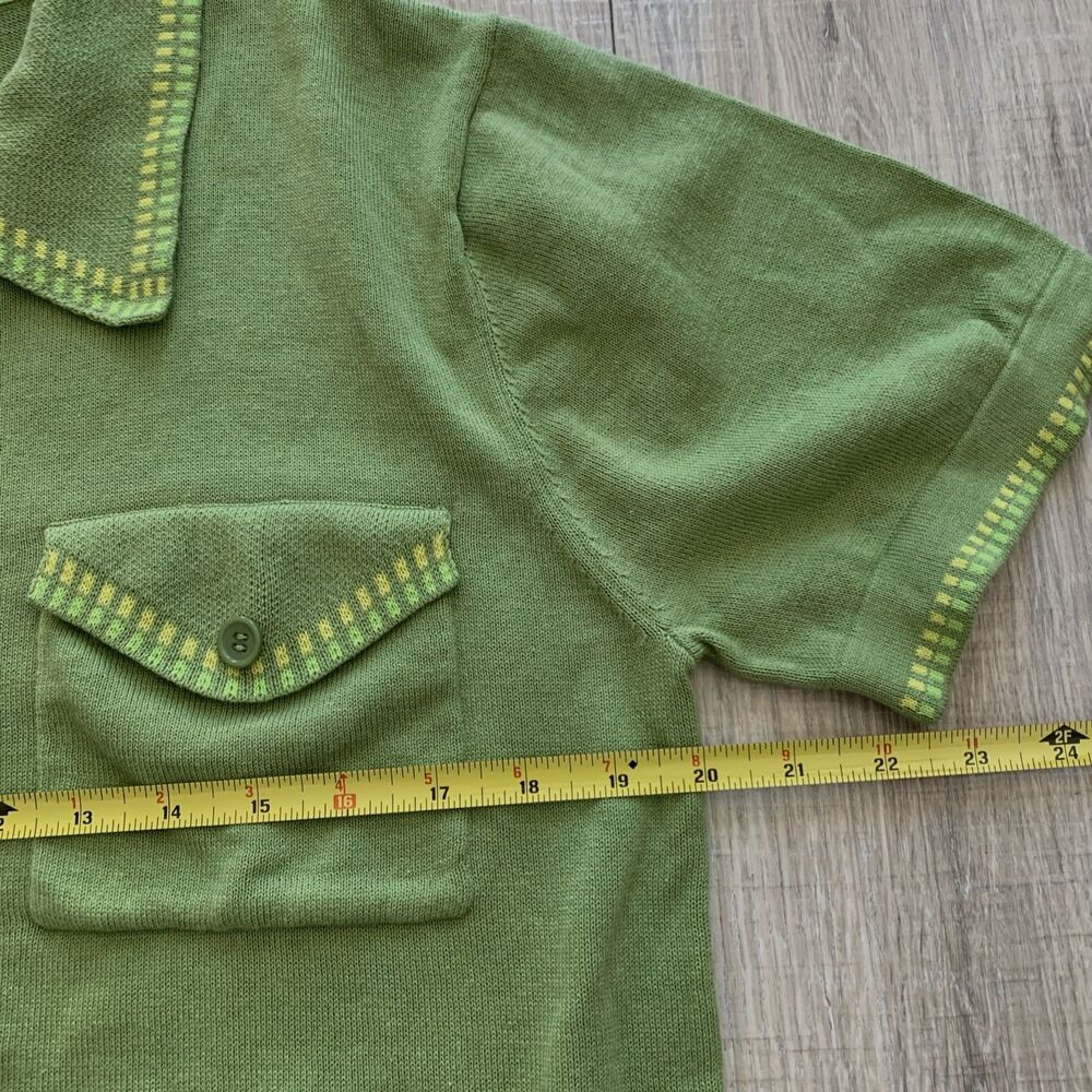 OxKnit Store Sweater Knit Shirt  Green 70s Retro Button Down Short Sleeve Mens M - Picture 7 of 8
